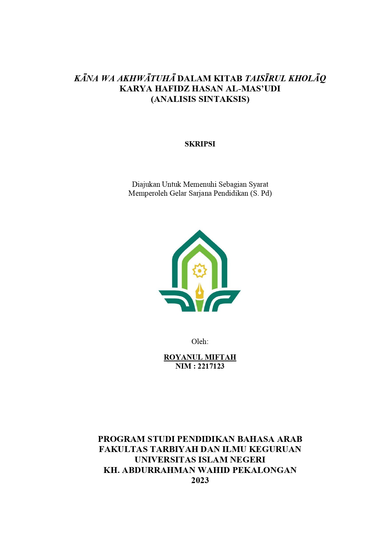 Kāna wa Akhwātuhā dalam Kitab Taisīrul Kholāq Karya Hafidz Hasan Al-Mas’udi (Analisis Sintaksis)