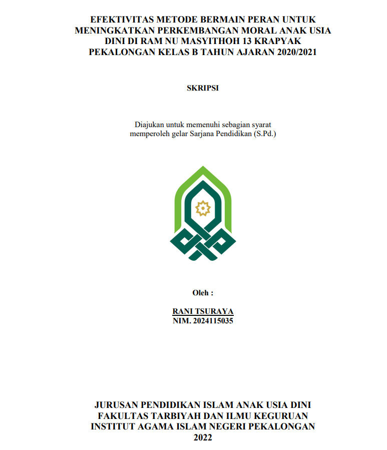 Efetivitas Metode Bermain Peran Untuk Meningkatkan Perkembangan Moral Anak Usia Dini Di RAM NU Masyithoh 13 Krapyak Pekalongan Kelas B Tahun Ajaran 2020/2021