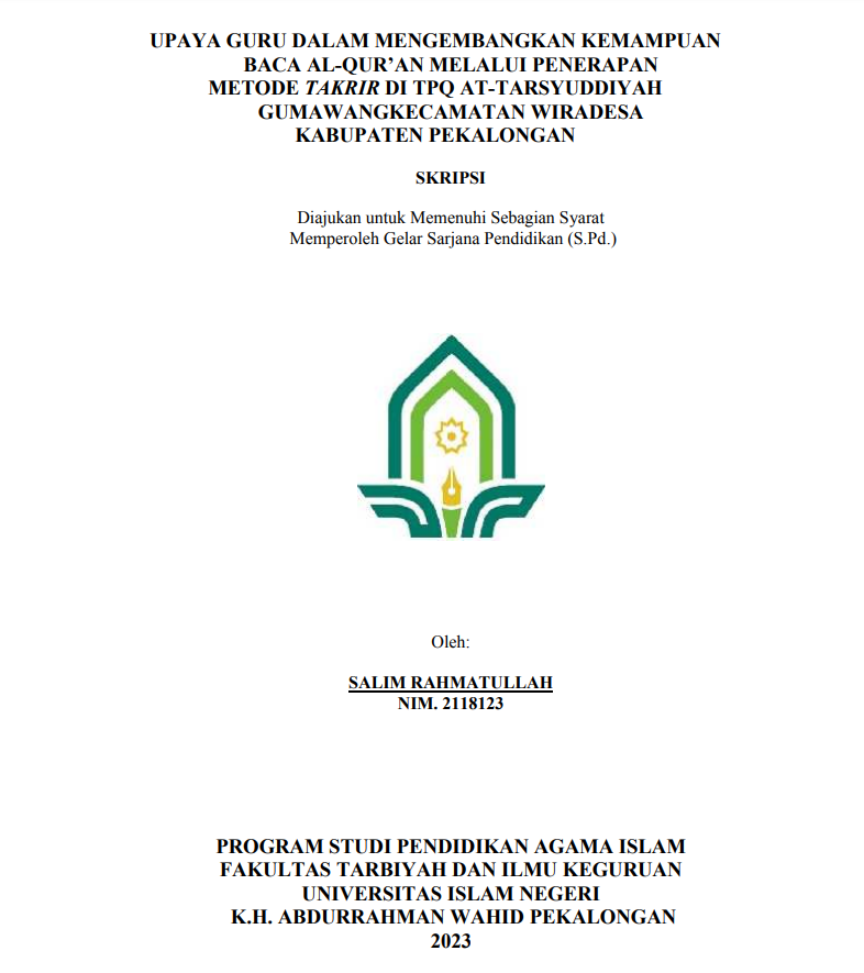 Upaya Guru Dalam Mengembangkan Kemampuan Baca Al-Qur'an Melalui Penerapan Metode Takrir Di TPQ At-Tarsyuddinyah Gumawang Kecamatan Wiradesa Kabupaten Pekalongan