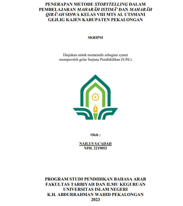 Penerapan Metode Storytelling dalam Pembelajaran Maharah Istima' dan Maharah Qira'ah Siswa Kelas VIII MTS Al Usmani Gejlig Kajen Kabupaten Pekalongan