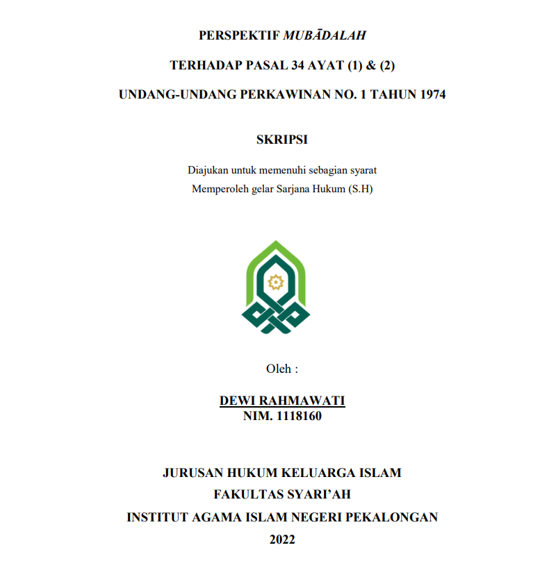 Perspektif Mubadalah Terhadap Pasal 34 Ayat (1) & (2) Undang Undang Perkawinan No. 1 Tahun 1974