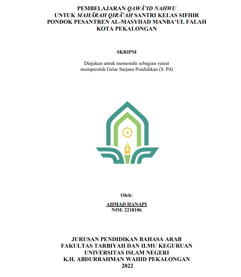 Pembelajaran Qawaid Nahwu untuk Maharah Qira'ah Santri Kelas Sifhir Pondok Pesantren Al-Masyhad Manbaul Falah Kota Pekalongan