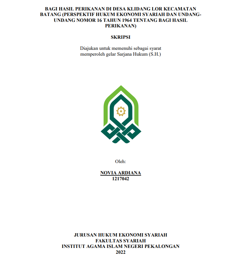 Bagi Hasil Perikanan di Desa Klidang Lor Kecamatan Batang (Prespektif Hukum Ekonomi Syariah dan Undang Undang Nomor 16 Tahun 1964 tentang Bagi Hasil Perikanan)