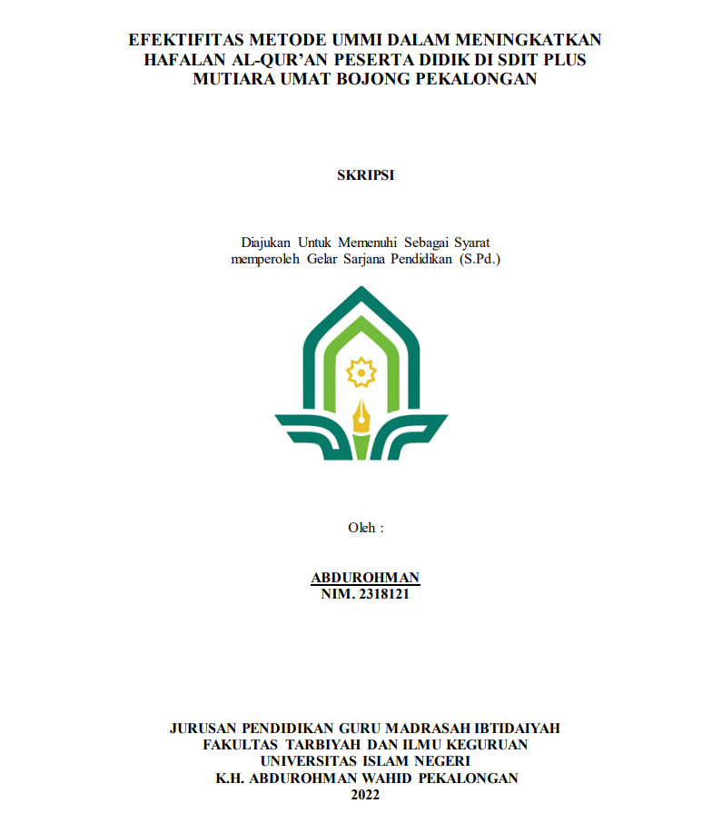 Efektivitas Metode Ummi dalam Meningkatkan Hafalan Al Qur'an Peserta Didik di SDIT Plus Mutiara Umat Bojong Pekalongan