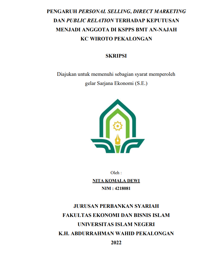 Pengaruh Personal Selling, Direct Marketing Dan Public Relation Terhadap Keputusan Menjadi Anggota Di KSPPS BMT An-Najah KC Wiroto Pekalongan