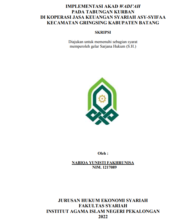 Implementasi Akad Wadi'ah pada Tabungan Kurban di Koperasi Jasa Keuangan Syariah Asy Syifaa Kecamatan Gringsih Kabupaten Batang