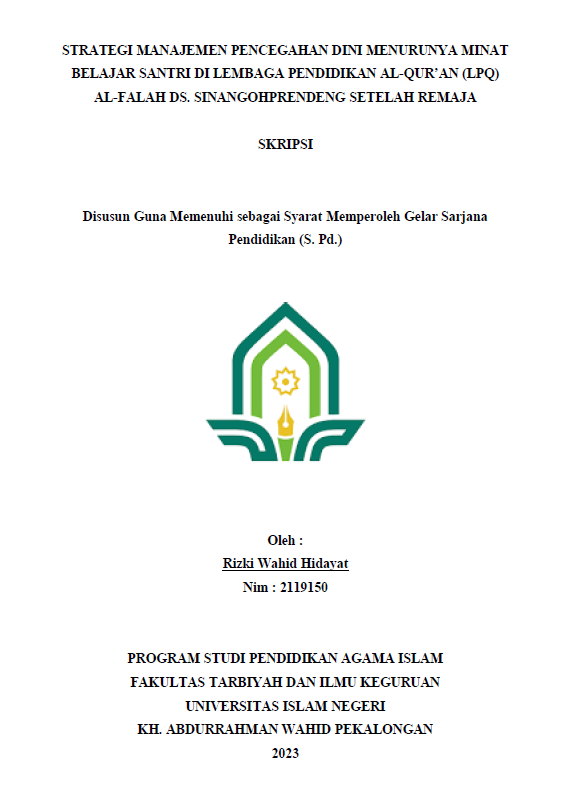 Strategi Manajemen Pencegahan Dini Menurunnya Minat Belajar Santri di Lembaga Pendidikan Al-Qur'an (LPQ) Al-Falah Ds. Sinangohprendeng Setelah Remaja