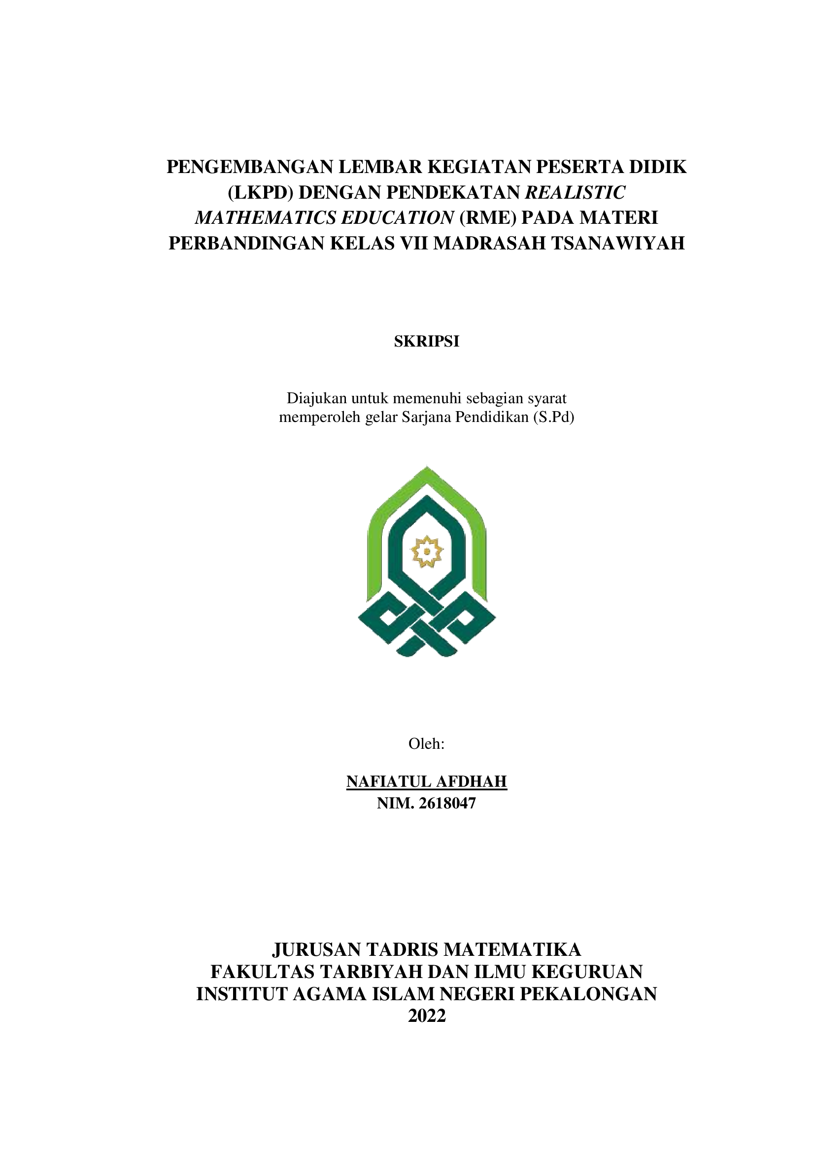 Pengembangan Lembar Kegiatan Peserta Didik (LKPD) Dengan Pendekatan Realistic Mathematics Education (RME) Pada Materi Perbandingan Kelas VII Madrasah Tsanawiyah