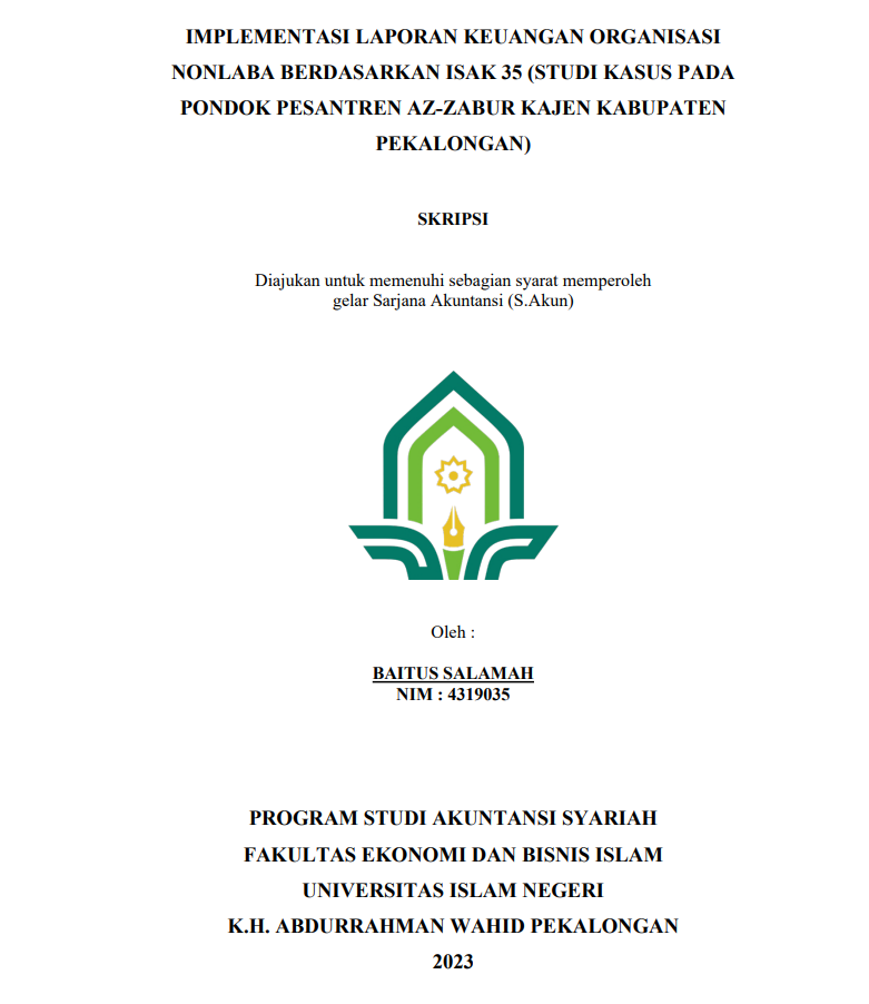 Implementasi Laporan Keuangan Organisasi Nonlaba Berdasarkan ISAK 35 (Studi Kasus Pada Pondok Pesantren Az-Zabur Kajen Kabupaten Pekalongan)