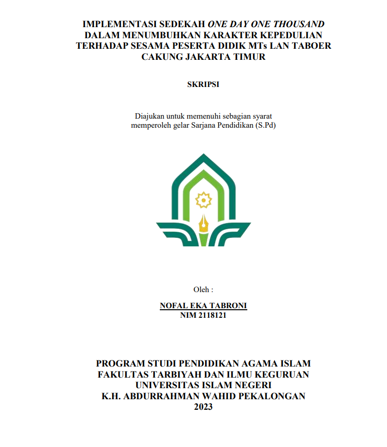 Impelementasi Sedekah One Day One Thousand Dalam Menumbuhkan Karakter Kepedulian Terhadap Sesama Peserta Didik Mts Lan Taboer Cakung Jakarta Timur