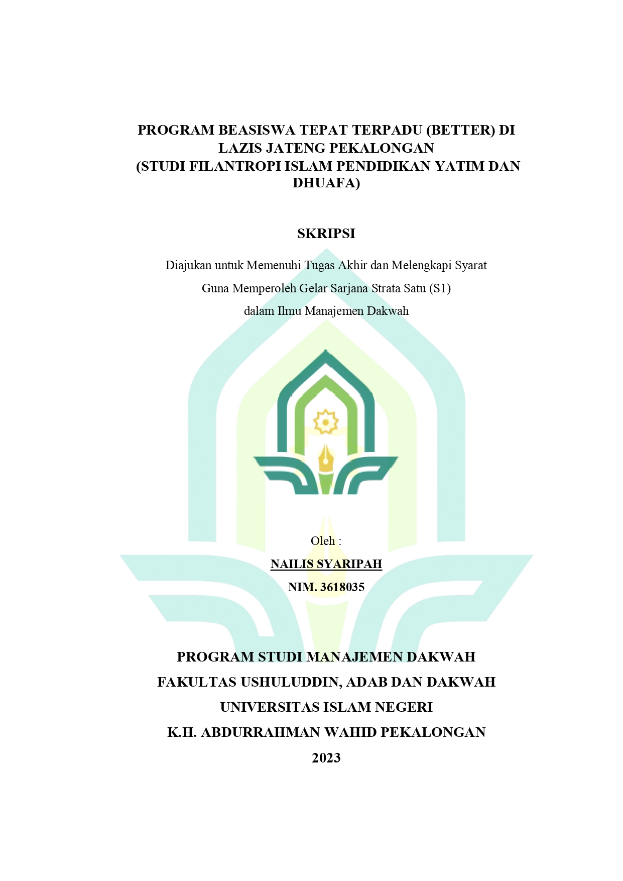 Program Beasiswa Tepat Terpadu (Better) Di Lazis Jateng Pekalongan (Studi Filantropi Islam Pendidikan Yatim Dan Dhuafa)