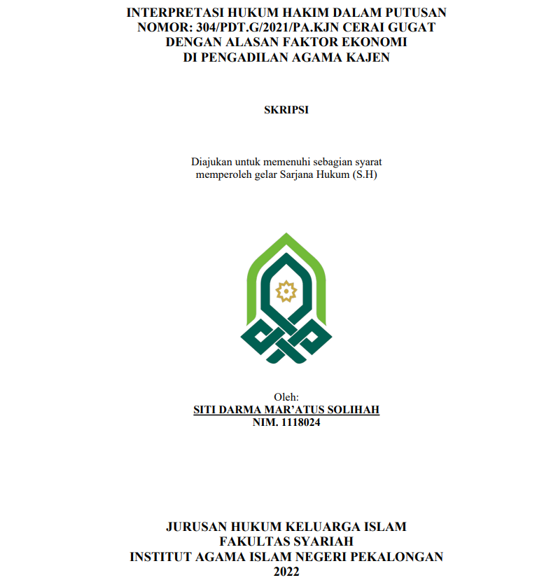 Interpretasi Hukum Hakim dalam Putusan Nomor: 304/PDT.G/2021/PA.KJN Cerai Gugat dengan Alasan Faktor Ekonomi di Pengadilan Agama Kajen