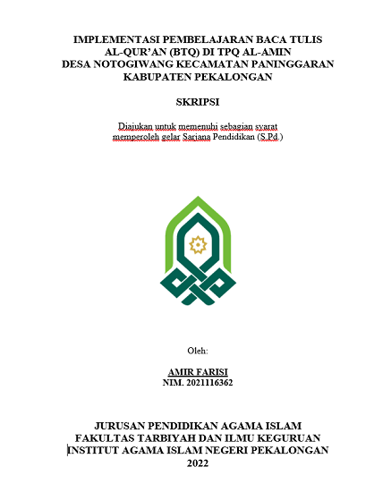 Implementasi Pembelajaran Baca Tulis Al-Qur'an (BTQ) di TPQ Al-Amin Desa Notogiwang Kecamatan Paninggaran Kabupaten Pekalongan