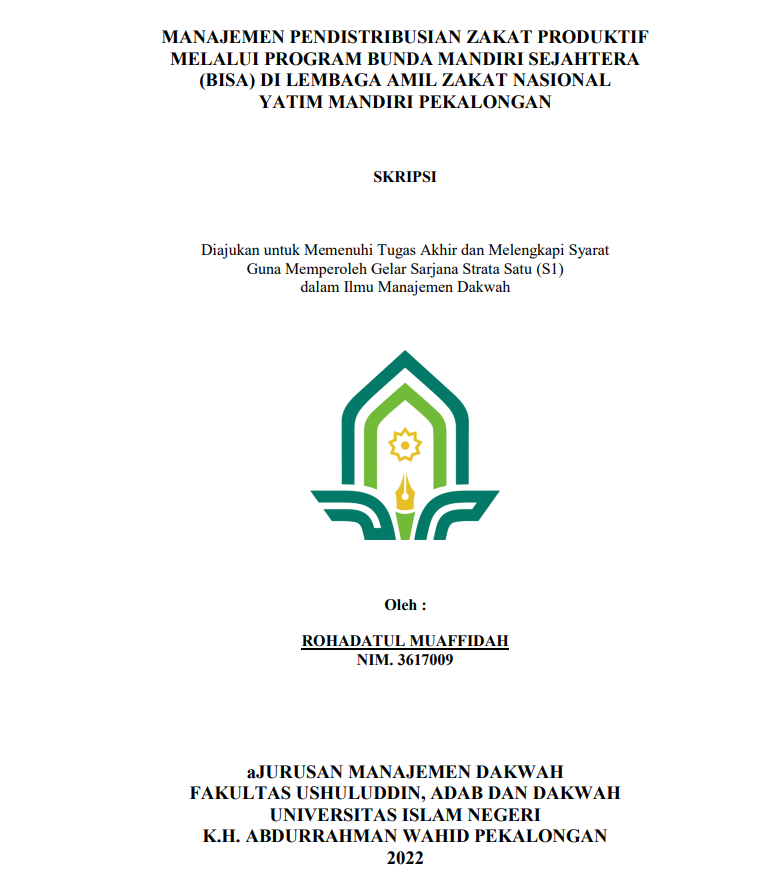 Manajemen Pendistyribusian Zakat Produktif Melalui Program Bunda Mandiri Sejahtera (Bisa) Di Lembaga Amil Zakat Nasional Yatim Mandiri Pekalongan