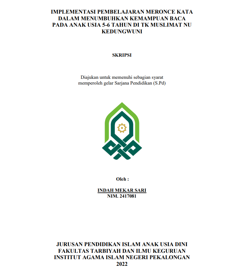 Implementasi Pembelajaran Meronce Kata Dalam Menumbuhkan Kemampuan Baca Pada Anak Usia 5-6 Tahun di TK Muslimat NU Kedungwuni