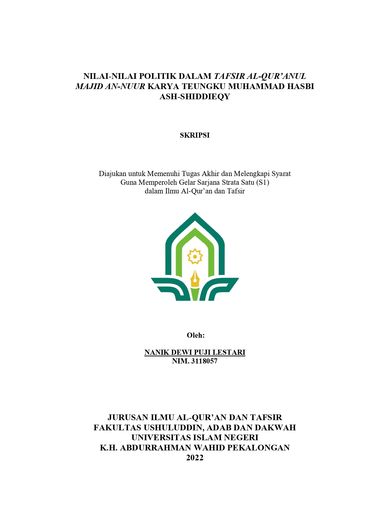 Nilai-Nilai Politik Dalam Tafsir Al-Qur’nul Majid An-Nuur Karya Teungku Muhammad Hasbi Ash-Shiddieqy