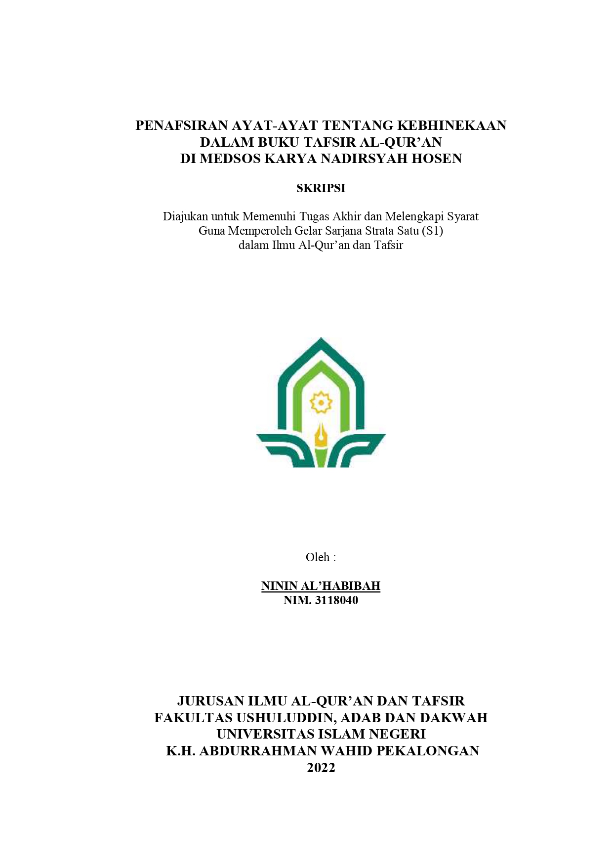 Penafsiran Ayat-Ayat Tentang Kebhinekaan Dalam Buku Tafsir Al-Qur'an di Medsos Karya Nadirsyah Hosen