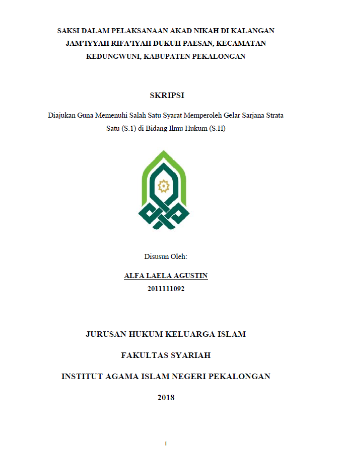 Saksi dalam Pelaksanaan Akad Nikah di Kalangan Jam'iyyah Rifa'iyah Dukuh Paesan, Kecamatan Kedungwuni, Kabupaten Pekalongan