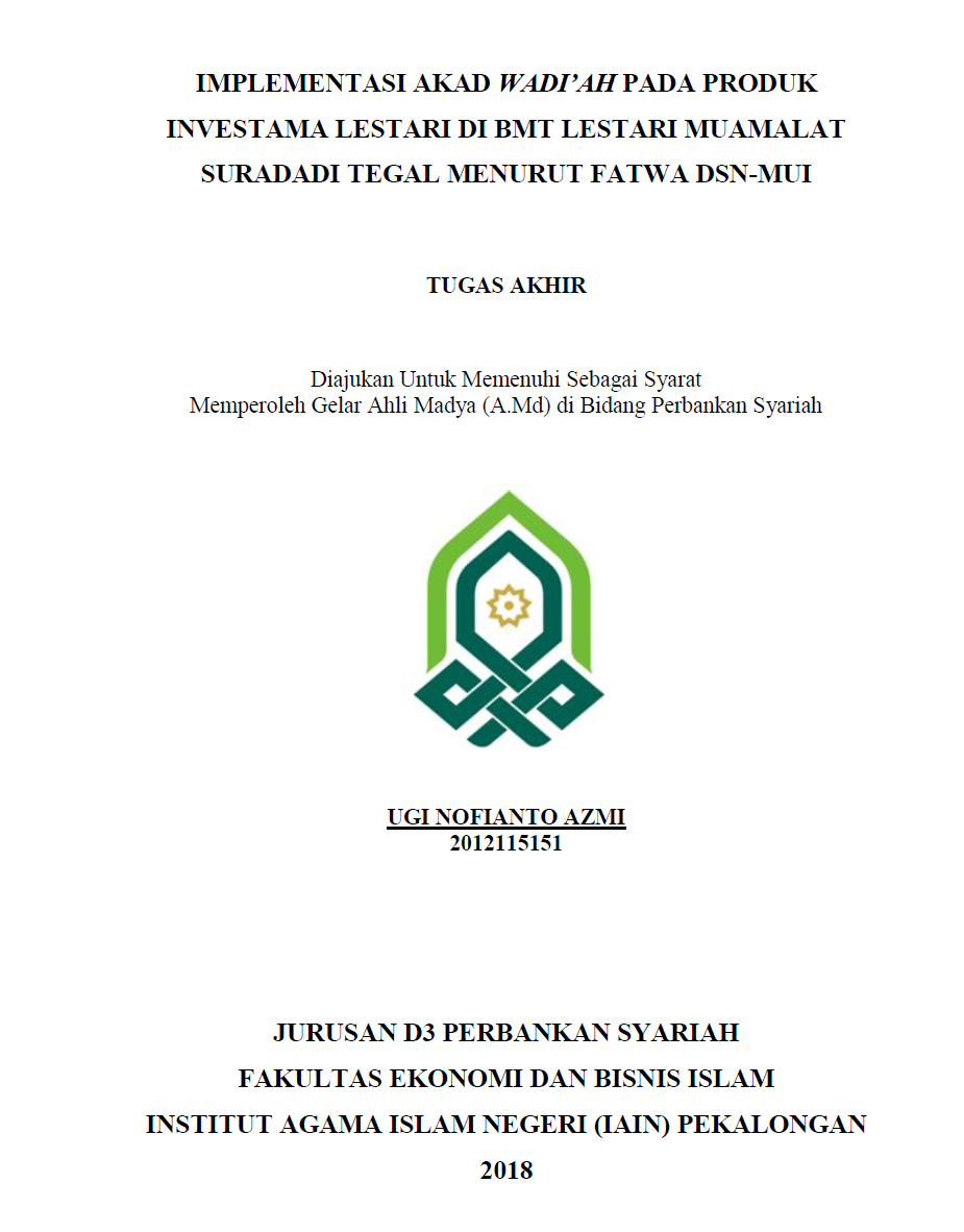 Implementasi Akad Wadi'ah Pada Produk Investama Lestari Di BMT Lestari Muamalat Suradadi Tegal Menurut Fatwa DSN-MUI