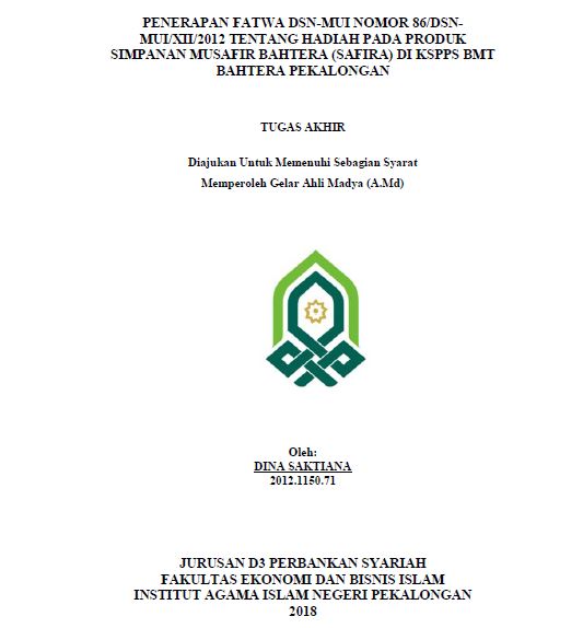 Penerapan fatwa DSN-MUI Nomor 86/DSN-MUI/XII/2012 Tentang Hadiah Pada Produk Simpanan Musafir Bahtera (Safira)Di KSPPS BMT Bahtera Pekalongan