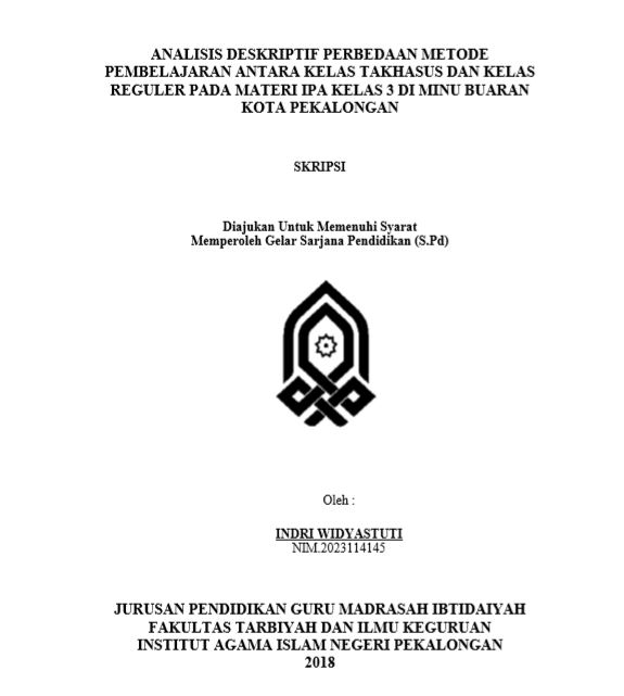 Analisis Deskriptif Perbedaan Metode Pembelajaran Antara Kelas Takhasus Dan Kelas Reguler Pada Materi IPA Kelas 3 Di MINU Buaran Kota Pekalongan