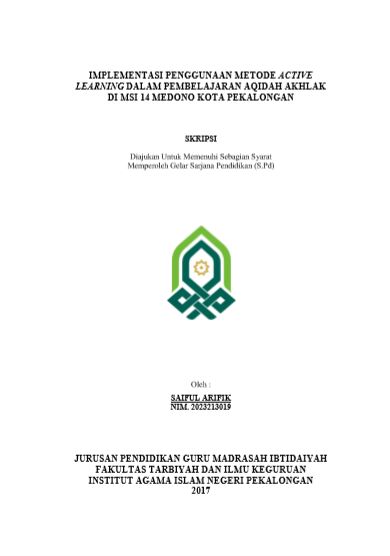 Implementasi Penggunaan Metode Active Learning Dalam Pembelajaran Aqidah Akhlak Di MSI 14 Medono Kota Pekalongan