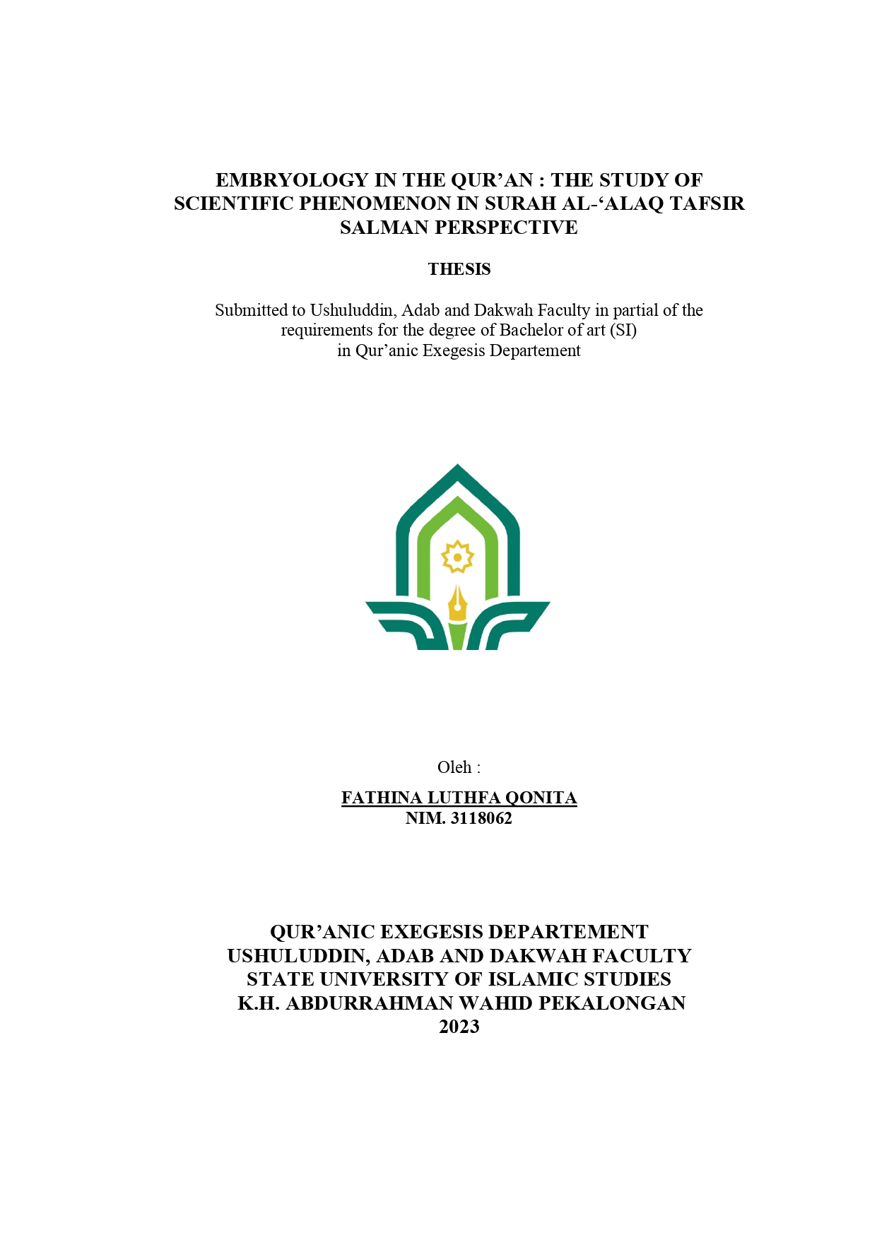 Embryology  in The Qur'an : The Study of Scientific Phenomenon in Surah Al-'Alaq Tafsir Salman Perspective