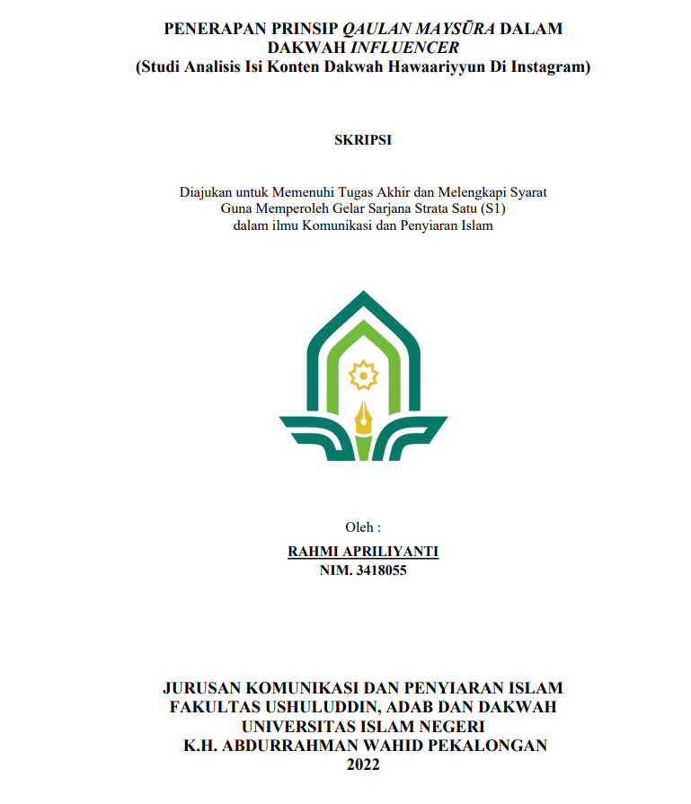 Penerapan Prinsip Qaulan Maysura dalam Dakwah Influencer (Studi Analisis Isi Konsten Dakwah Hawaariyun di Instagram)