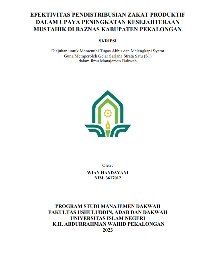 Efektivitas Pendistribusian Zakat Produktif dalam Upaya Peningkatan Kesejahteraan Mustahik di Baznas Kabupaten Pekalongan