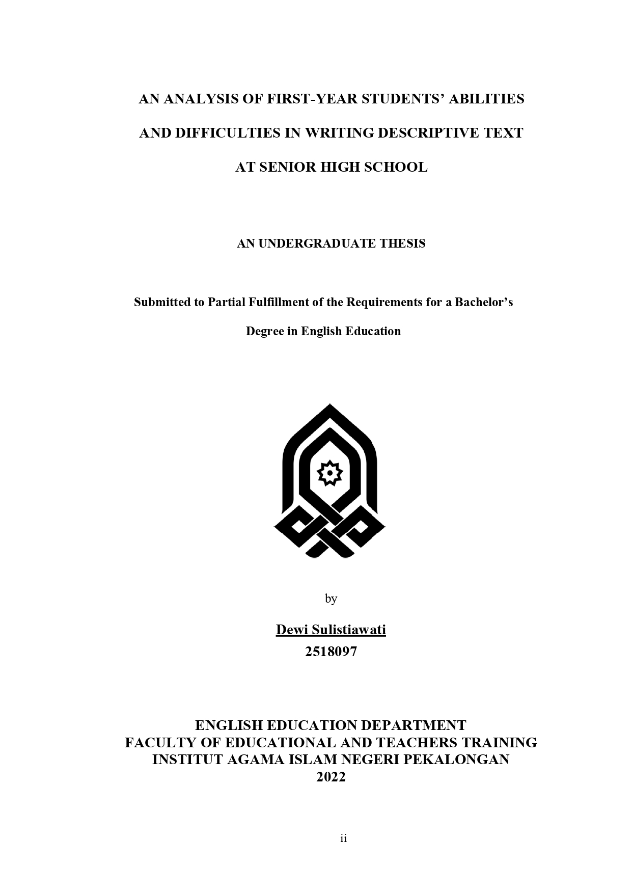 An Analysis of First-Year Students's Abilities and Difficulties in writing Descriptive Text at Senior High School