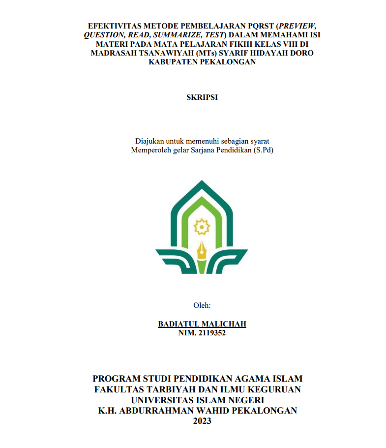 Evektivitas Metode Pembelajaran PQRST (Preview, Question, Read, Summarize, Test) Dalam Memahami Isi Materi Pada Mata Pelajaran Fiqih Kelas VIII Di Madrasah Tsanawiyah (MTs) Syarif Hidayah Doro Kabupaten Pekalongan