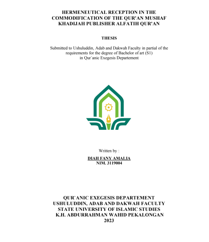 Hermeneutical Recettion In The Commodification Of The Qur'an Mushaf Khadijah Publisher AlFatih Qur'an