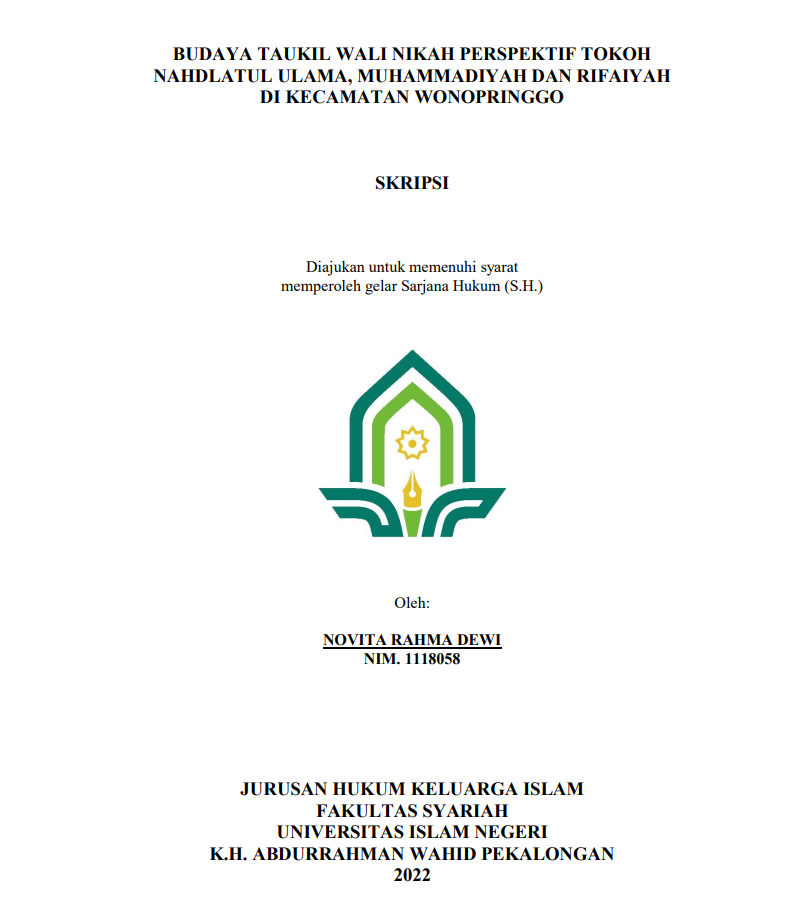 Budaya Taukil Wali Nikah Perspektif Tokoh Nahdlatul Ulama, Muhammadiyah dan Rifaiyah ke Kecamatan Wonopringgo