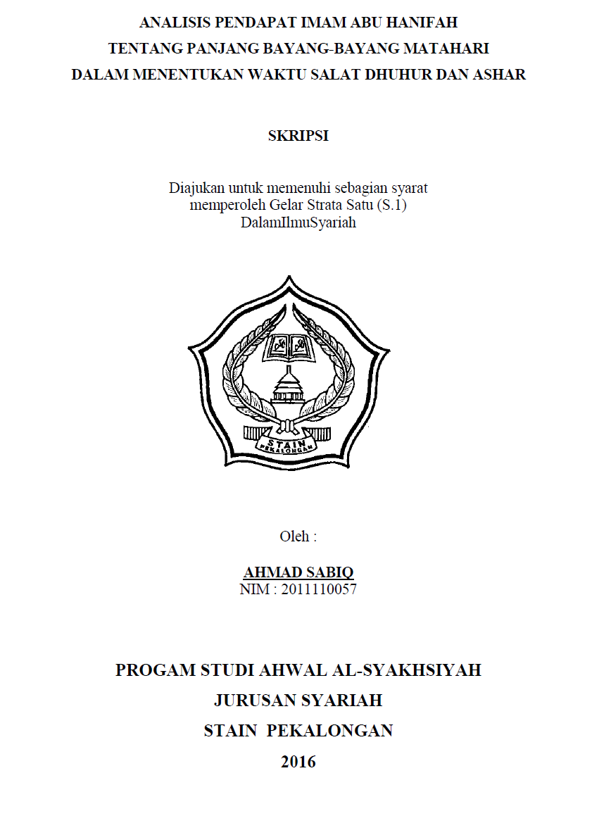 Relevansinya Pendapat Imam Abu HanifahTentang Panjang Bayang-Bayang Matahari Dalam Menentukan Waktu Salat Dhuhur Dan Ashar