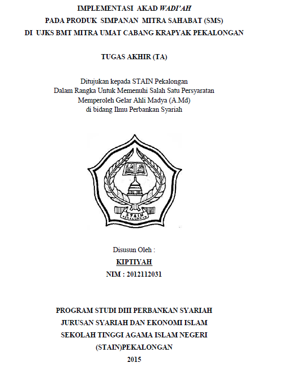 Implementasi Akad Wadi'ah Pada Produk Simpanan Mitra Sahabat (SMS) Di UJKS BMT Mitra Umat Cabang Krapyak Pekalongan