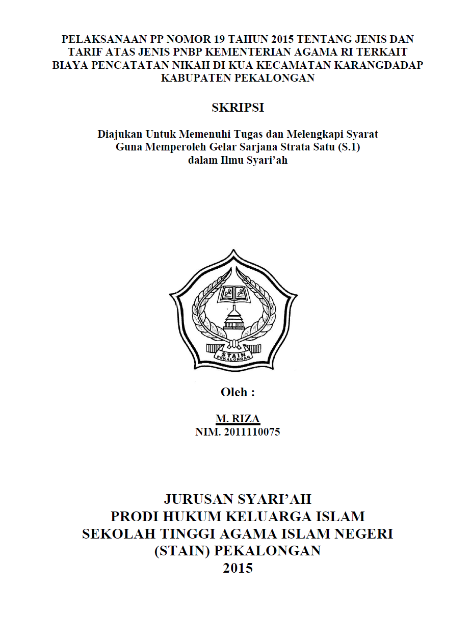 Pelaksanaan PP Nomor 19 Tahun 2015 Tentang Jenis Dan Tarif Atas Jenis PNBP Kementrian Agama RI Terkait Biaya Pencatatan Nikah Di KUA Kecamatan Karangdadap Kabupaten Pekalongan