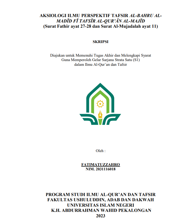 Aksiologi Ilmu Perspektif Tafsir Al-Bahru Al Madid Fi Tafsir Al Qur'an Al Majid (Surat Fathir Ayat 27-28 dan Surat Al Mujadalah Ayat 11)