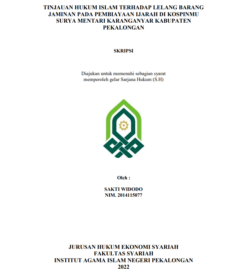 Tinjauan Hukum Islam terhadap Lelang Barang Jaminan pada Pembiayaan Ijarah di Kospinmu Surya Mentari Karanganya Kabupaten Pekalongan