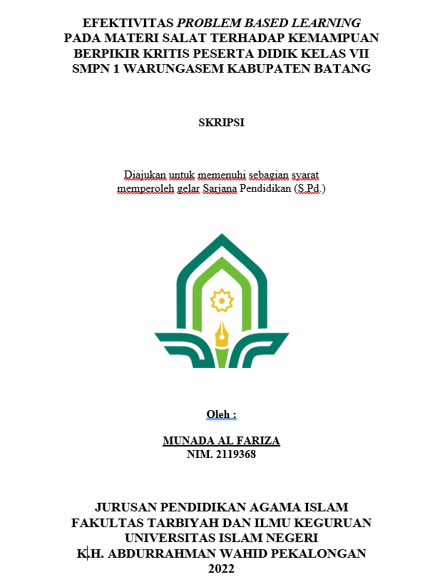 Efektivitas Problem Based Learning Pada Materi Salat Terhadap Kemampuan Berpikir Kritis Peserta Didik Kelas VII SMPN 1 Warungasem Kabupaten Batang