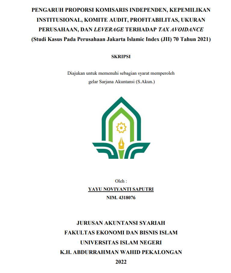 Pengaruh Proporsi Komisaris Independen ,Kepemilikan Institusional, Komite Audit, Profitabilitas, Ukuran Perusahaan, Dan Leverage Terhadap Tax Avoidance (Studi Kasus Pada Perusahaan Jakarta Islamic Index (JII) 70 2021